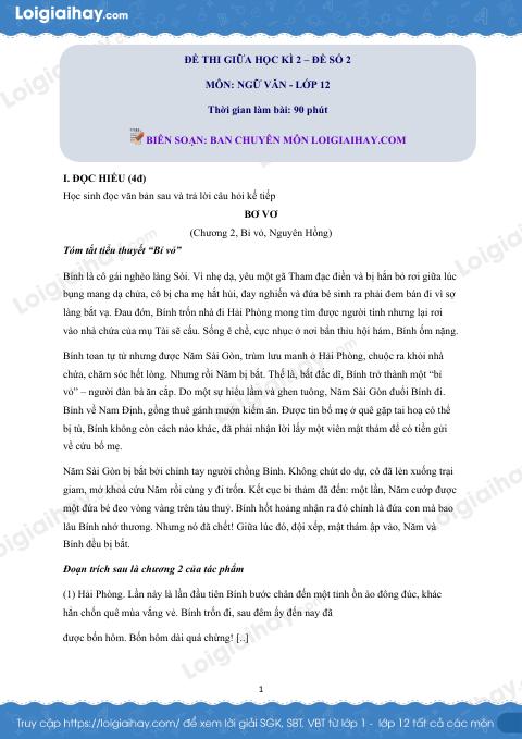 Đề thi giữa kì 2 Văn 12 - Đề số 2